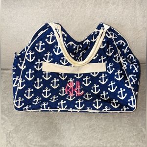 Beach Bag Navy with White Anchors and Handles. Zips closed. Inside zipper pouch